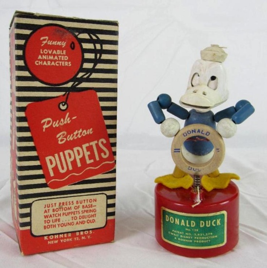Antique Kohner Bros Disney Donald Duck Bakelite & Wood Push Button Toy