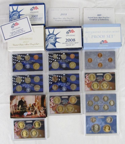 2007, 2008, 2009 US Mint Proof Sets. (14 & 18 Coin Sets)