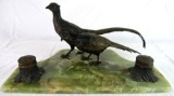Outstanding Bronze & Marble Figural Ink Well Desk Set w/ Pheasants