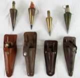 Lot of (4) Vintage Brass Plumb Bobs in Leather Sheaths