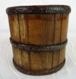 Small Antique Wooden Bucket w/ Hand Forged Iron Bands