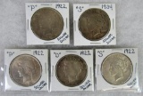 Lot (5) Assorted US Peace 90% Silver Dollars
