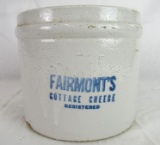 Large Antique Fairmont Cottage Cheese Stoneware Advertising Crock