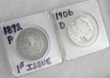 (2) US 90% Silver Barber Half Dollars, 1892 & 1906 D