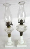 (2) Antique Kerosene Oil Lamps w/ Milk Glass Bases