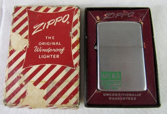 Un-Used 1958 Mead Paper Advertising Zippo Lighter in Candy Stripe Box