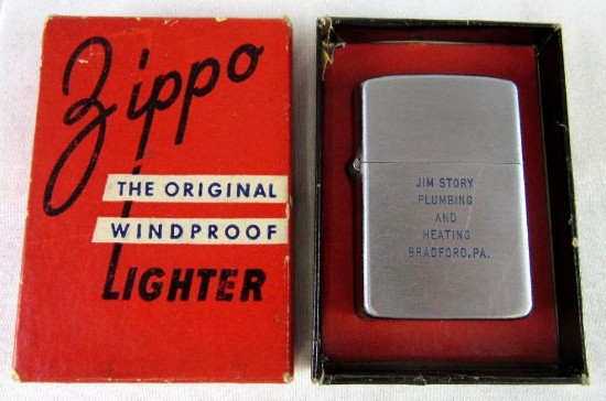Rare 1953-1957 Jim Story Plumbing & Heating Advertising Zippo Lighter in Original Red Zippo Box
