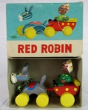Antique Red Robin Japan Wooden Pull Toy MIB- Indian Chief w/ Donkey
