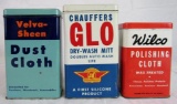 (3) Antique Automobile Polishing Cloth Cans- Velva-Sheen, Wilco, Chauffeur's Glo