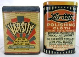 (2) Antique Automobile Polish Cloth Cans Varsity, Las-Stik
