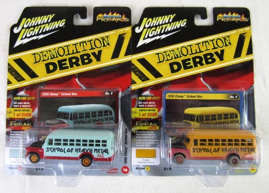 (2) Johnny Lightning Demolition Derby 1956 Chevy School Bus- Real Riders