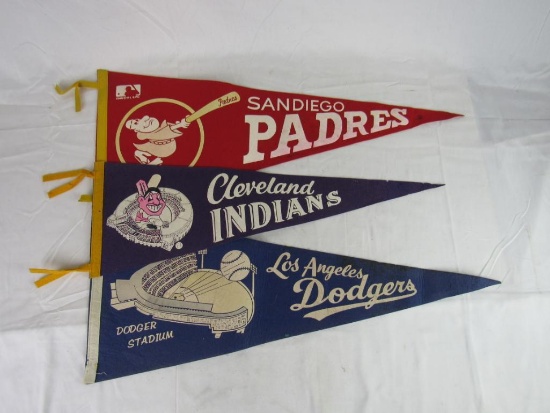 Group of (3) 1960's/70's Full Size Baseball Pennants. Indians/Dodgers/Padres.