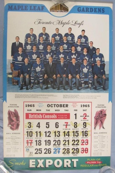 Rare 1965-66 Export A Cigarettes NHL Full Pad Wall Calendar / Schedule