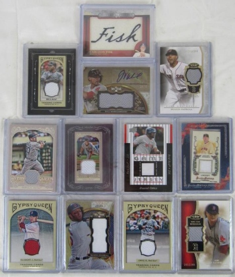 Large Lot (12) All Boston Red Sox Game Used, SSP, Auto Cards. Fisk, Big Poppy, Pedroia, etc