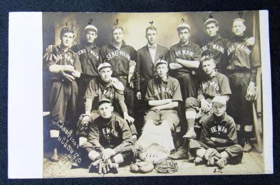 Rare 1912 Sebawing (Michigan) Huron County Champs Baseball Team Real Photo Postcard RPPC