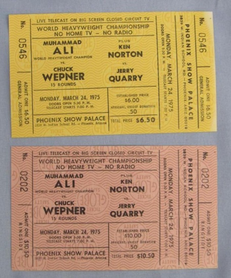 Muhammad Ali/Chuck Wepner (2) 1975 Unused Boxing Tickets