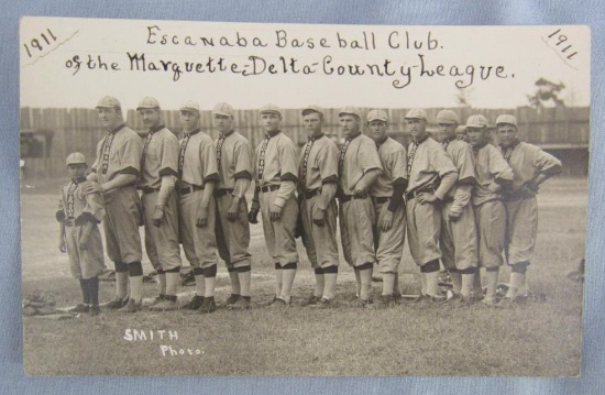 Authentic 1911 Escanaba (Michigan) Baseball Team Real Photo Postcard RPPC