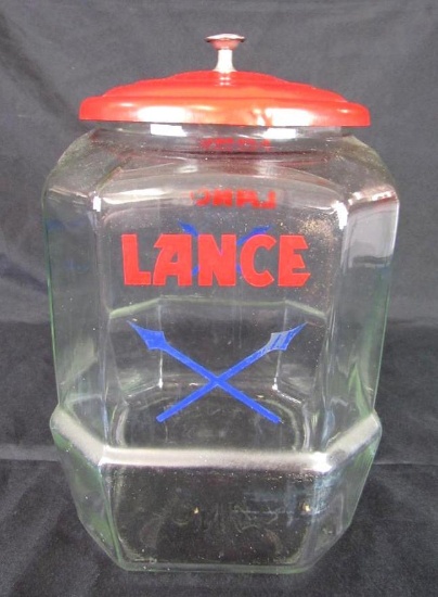 Antique Lance Crackers Glass Counter Advertising Display Jar w/ Metal Lid