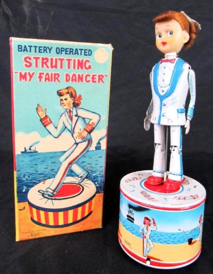 Rare Antique Haji (Japan) Tin Battery Op Strutting "My Fair Dancer" Sailor Girl 9" MIB