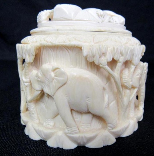 Museum Quality Antique Carved Ivory or Bone 4" Lidded Dresser Jar