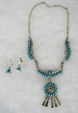 Outstanding Signed N.H. Sterling Silver & Turquoise Native American Necklace & Earring Set