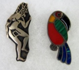 Lot (2) Signed Sterling Silver Native American Brooches / Pins