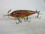 Authentic Heddon Dowagiac 150 Fancy Red Minnow Glass Eyed Wooden Fishing Lure (5 Hook)