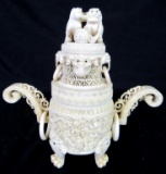 Amazing Museum Quality Antique Carved Ivory or Bone Foo Dog Lidded Temple Jar