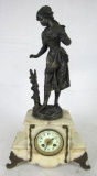 Antique French Marble Mantle Clock w/ Emile Bruchon Metal Sculpture