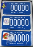 Lot (3) Vintage 1990's Michigan Sample License Plates. Fireman, Marines, & Masonic