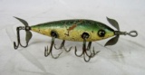 Authentic Heddon Dowagiac 150 Fancy Green Minnow Glass Eyed Wooden Fishing Lure (5 Hook)