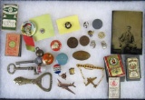 Grouping Antique Smalls- Pins, Keys, Tintype, Tokens, Needle Packs, etc