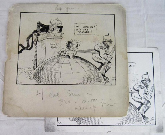 Rare! Cy Hungerford (1916) Original Uncle Sam Political Cartoon Drawing