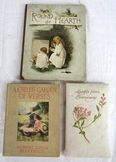(3) Antique Illustrated Books- Laurels of Browning, Round the Hearth, Robert Louis Stevenson