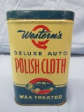 Antique Western Automobile Polish Cloth Metal Can w/ Car Graphics