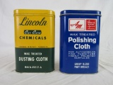 Lot (2) Vintage Metal Automobile Polish Cloth Cans. AMC & Lincoln