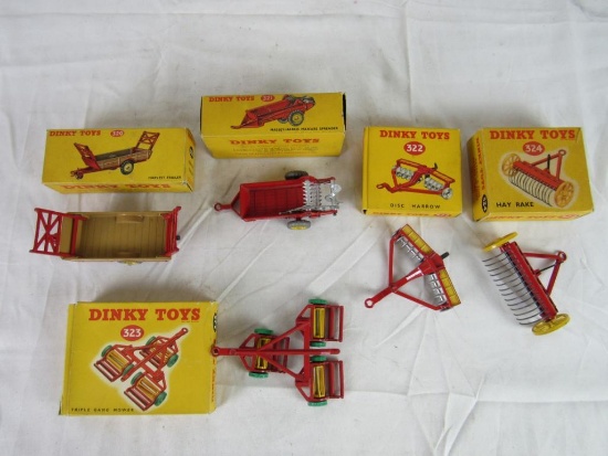 Lot (5) Antique Dinky Toys Massey Harris Farm Implements in Original Boxes