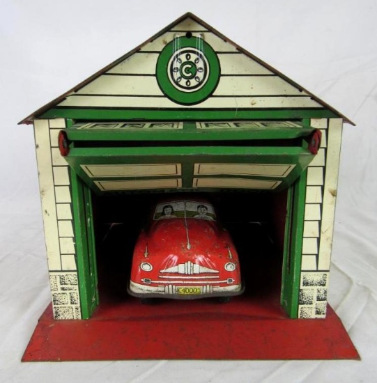 Excellent Antique Courtland Tin Lith Garage w/ Automatic Door & Tin Sedan