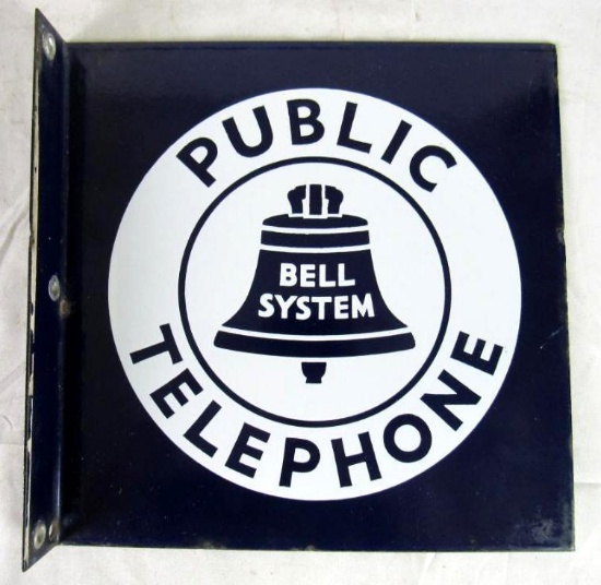 Antique Bell System Public Telephone Double Sided Porcelain Flange Sign 11 x 11"