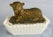 Antique Westmorland Milk Glass Gold Lamb on Nest Covered Candy