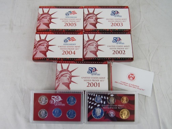 Lot (5) 2001 - 2005 US Silver Proof Sets w/ Silver State Quarters