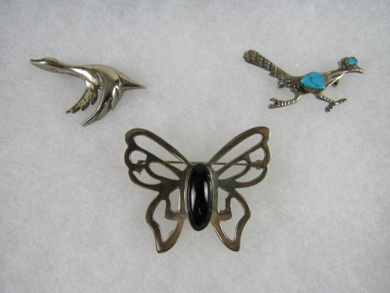 Lot (3) Native American Sterling Silver Brooches w/ Stones