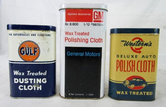 Lot (3) Antique Automobile Dust / Polishing Cloth Tins. GM, Gulf. Gas & Oil