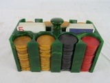 Original Antique Bakelite Poker Chip Set w/ Outstanding Green Bakelite Caddy