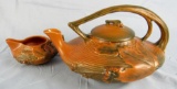 Antique Roseville Pottery #2-T Brown Bushberry Lidded Teapot w/ Creamer