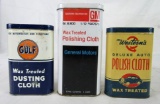 Lot (3) Antique Automobile Dust / Polishing Cloth Tins. GM, Gulf. Gas & Oil