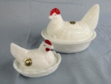 Lot (2) Vintage Westmorland Hand Painted Milk Glass Hen on Nests