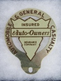 Vintage Auto Owners Insurance Die-Cut Metal Advertising License Plate Topper
