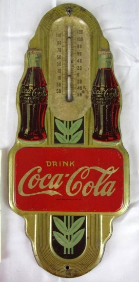 Outstanding 1930's-40's Art Deco Coca Cola Embossed Metal Coke 16" Thermometer