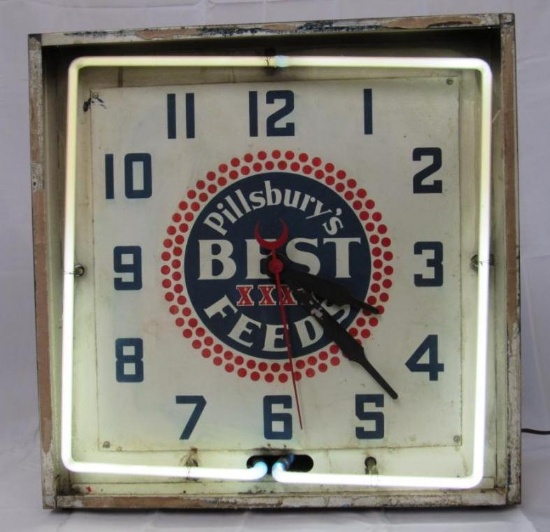 Antique Pillsbury Best Feeds Neon Clock by Neon Products